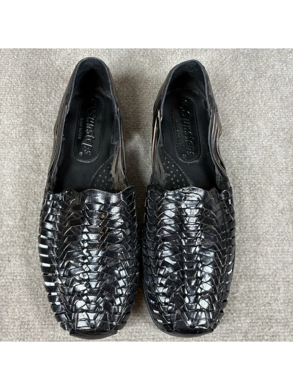Sunsteps Shoes Black Leather Hand Woven Sandals Slip On Mens Size 10.5